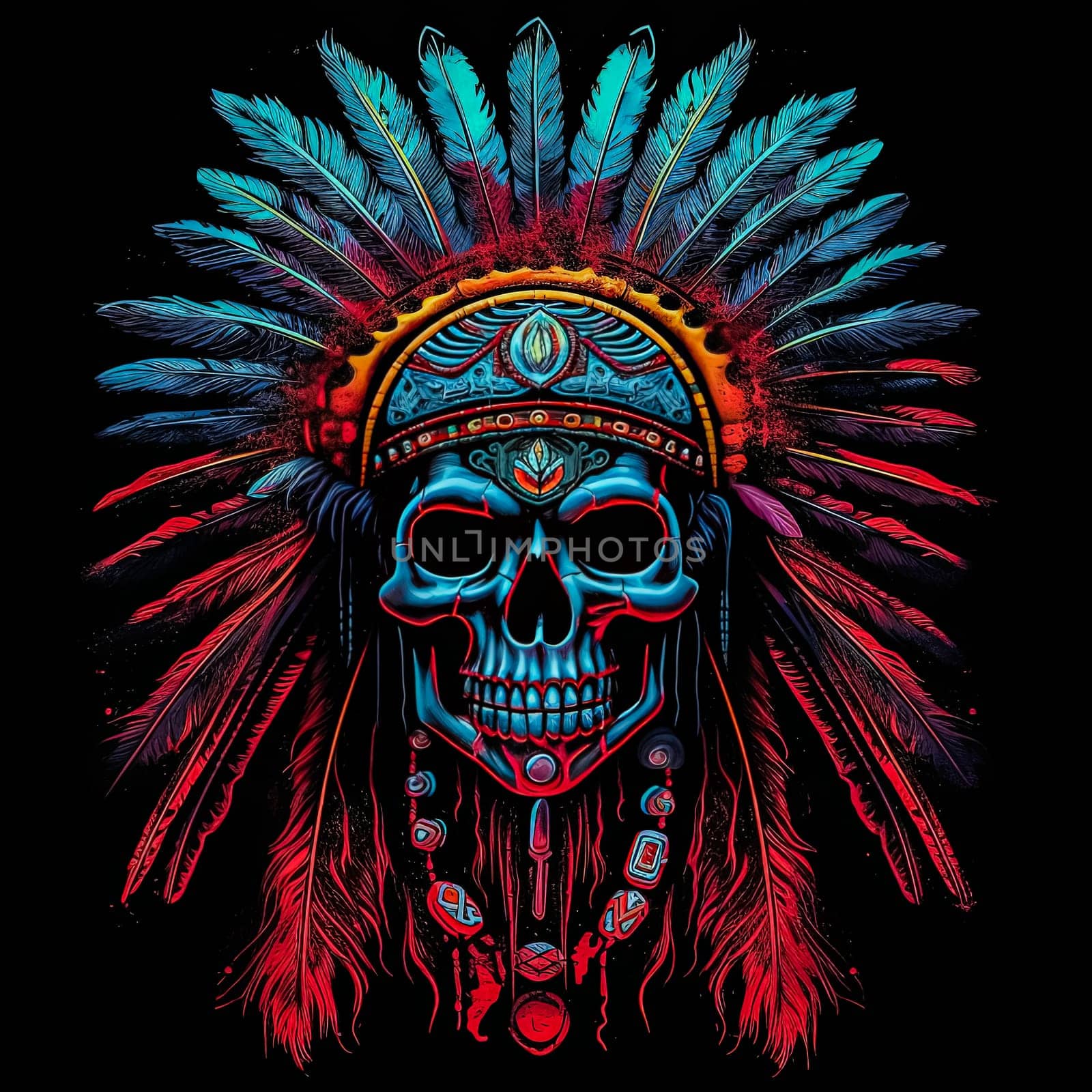 A skull with a feather headdress and a red and blue background. by Alla_Morozova93