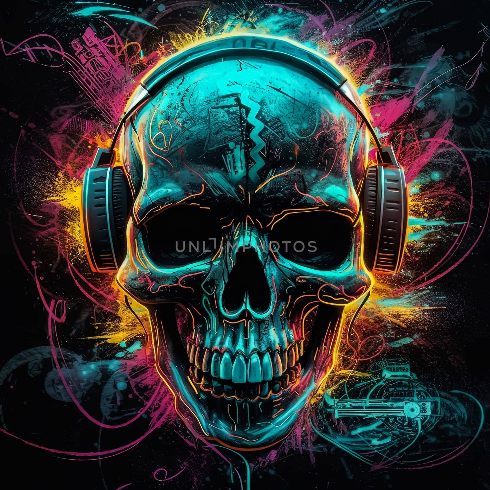 A neon skull with neon colors. The skull is surrounded by a colorful background. The colors are bright and vibrant, giving the image a fun and energetic vibe