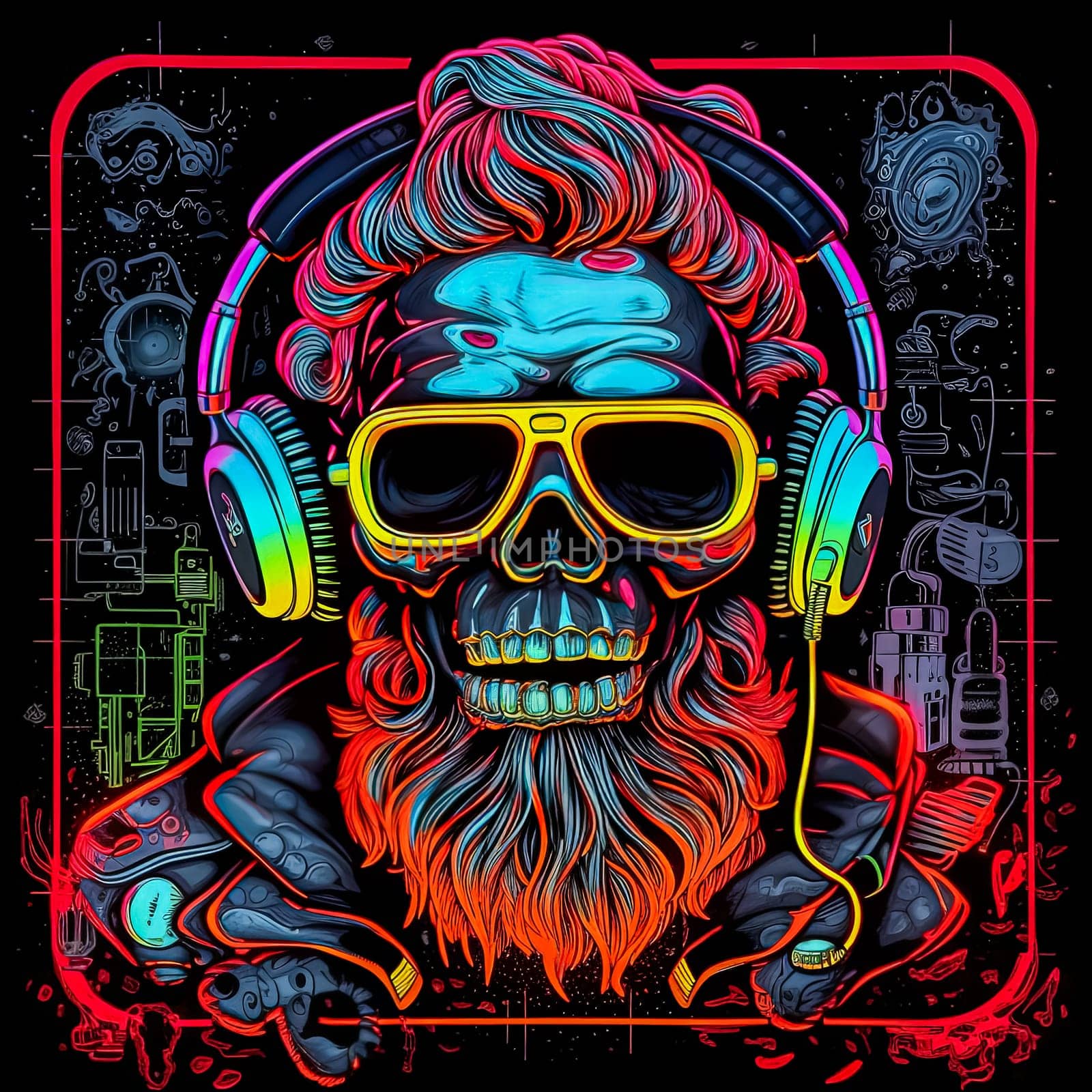 A neon skull with neon colors. The skull is surrounded by a colorful background. The colors are bright and vibrant, giving the image a fun and energetic vibe