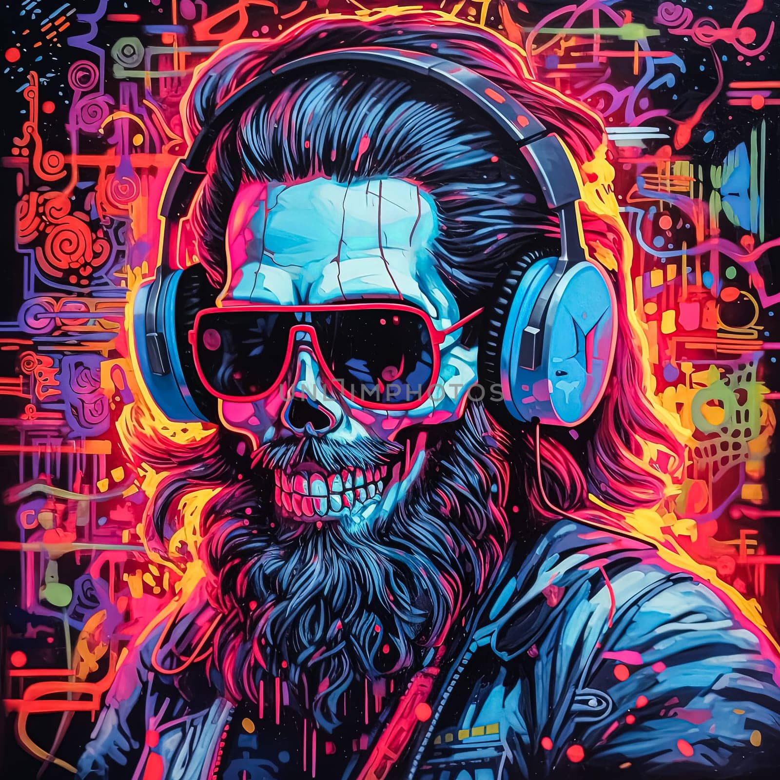 A man with a beard and sunglasses is wearing headphones and smiling. by Alla_Morozova93