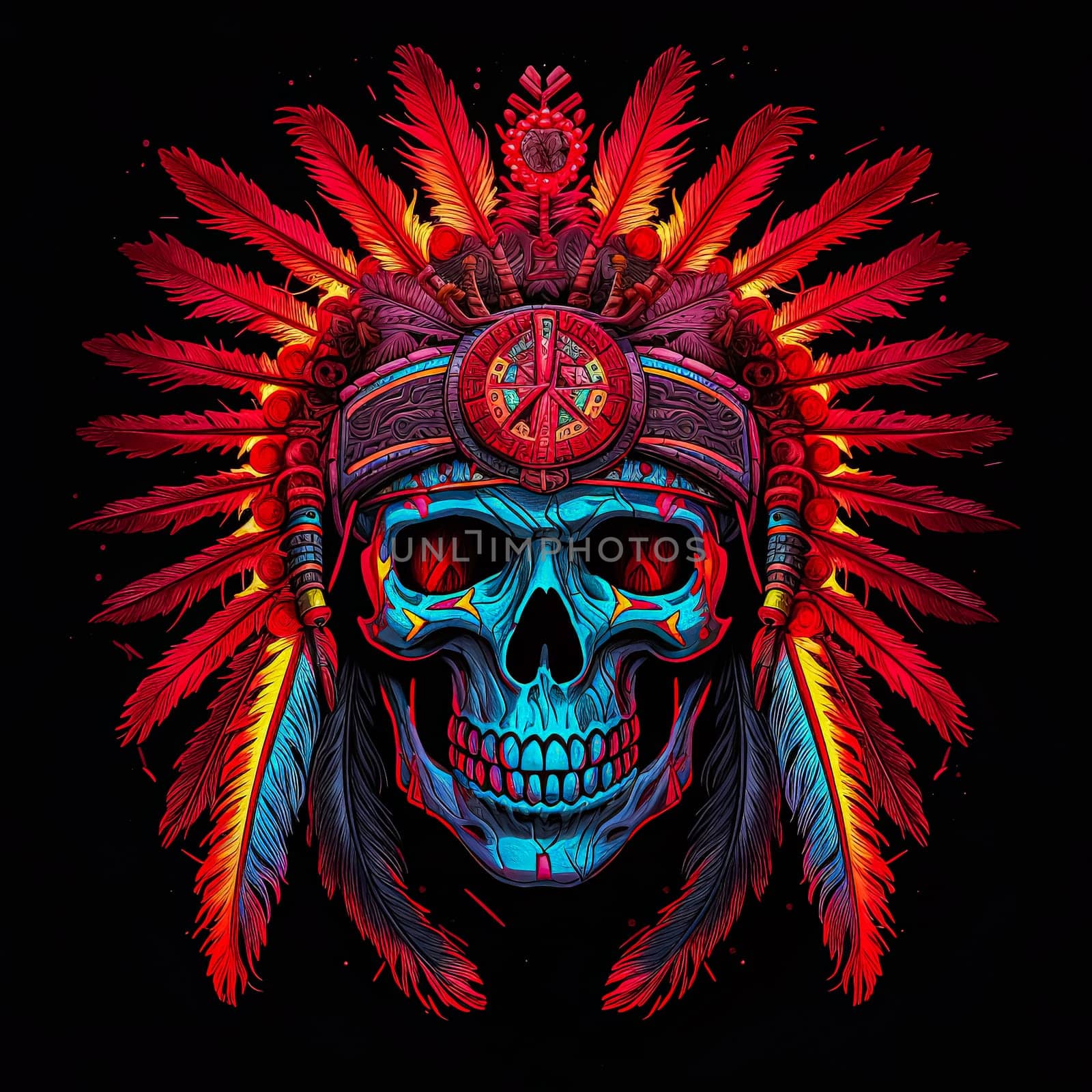 A skull with a feather headdress and a red and blue background. by Alla_Morozova93