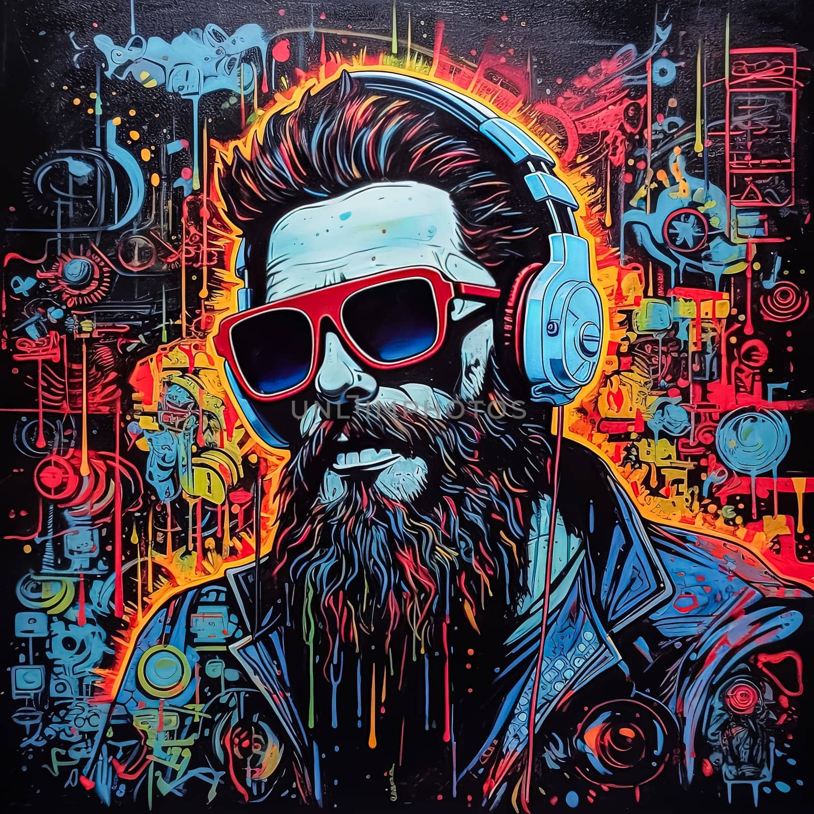 A man with a beard and sunglasses is wearing headphones and smiling. The background features skulls and bones, giving the image a dark and edgy vibe