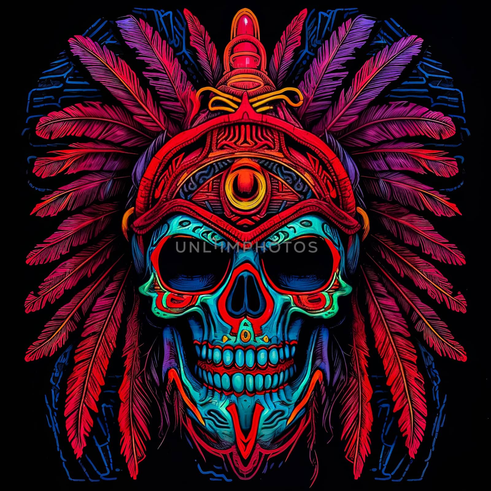 A skull with a feather headdress and a red and blue background. by Alla_Morozova93