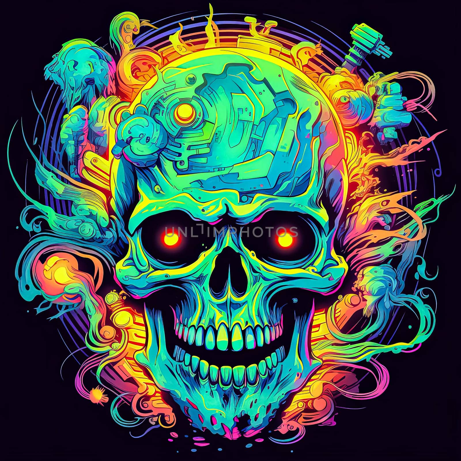 A neon skull with neon colors. The skull is surrounded by a colorful background. The colors are bright and vibrant, giving the image a fun and energetic vibe