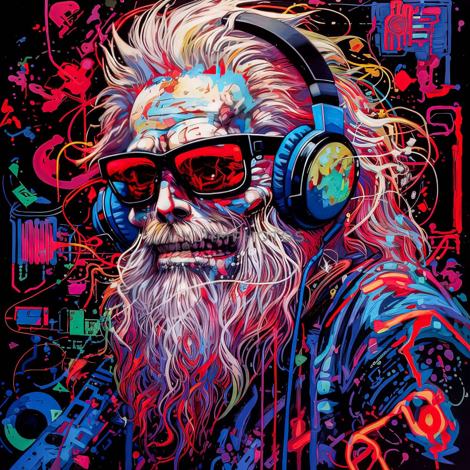 A man with a beard and sunglasses is wearing headphones and smiling. The background features skulls and bones, giving the image a dark and edgy vibe