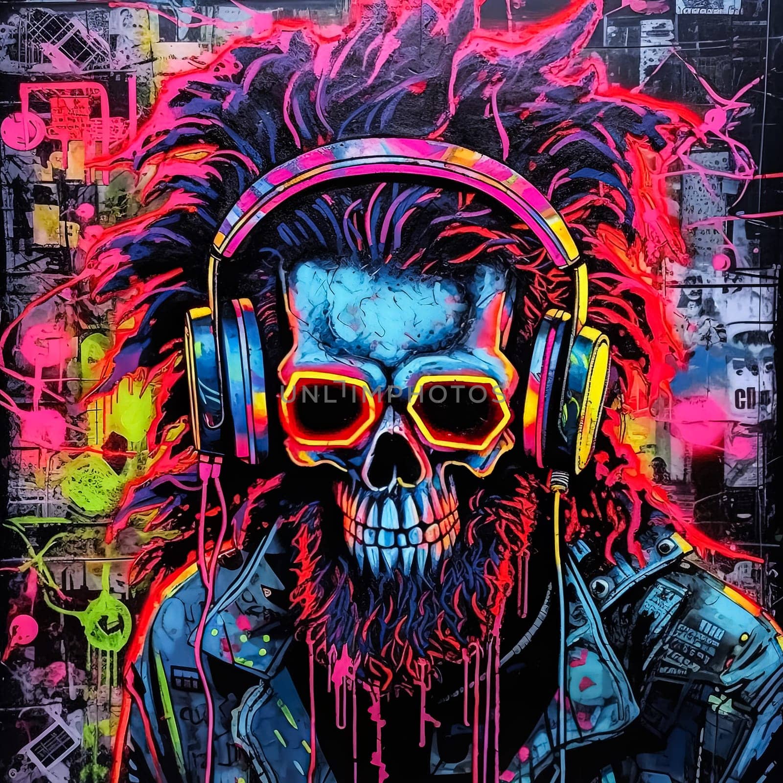 A man with a beard and sunglasses is wearing headphones and smiling. The background features skulls and bones, giving the image a dark and edgy vibe