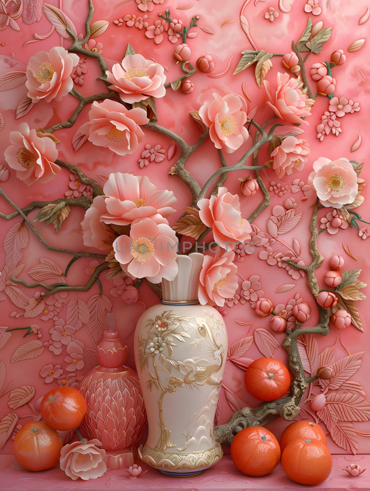 A flowerfilled vase sits atop a pink background, accompanied by bright oranges. The vibrant colors contrast beautifully, creating a lively centerpiece