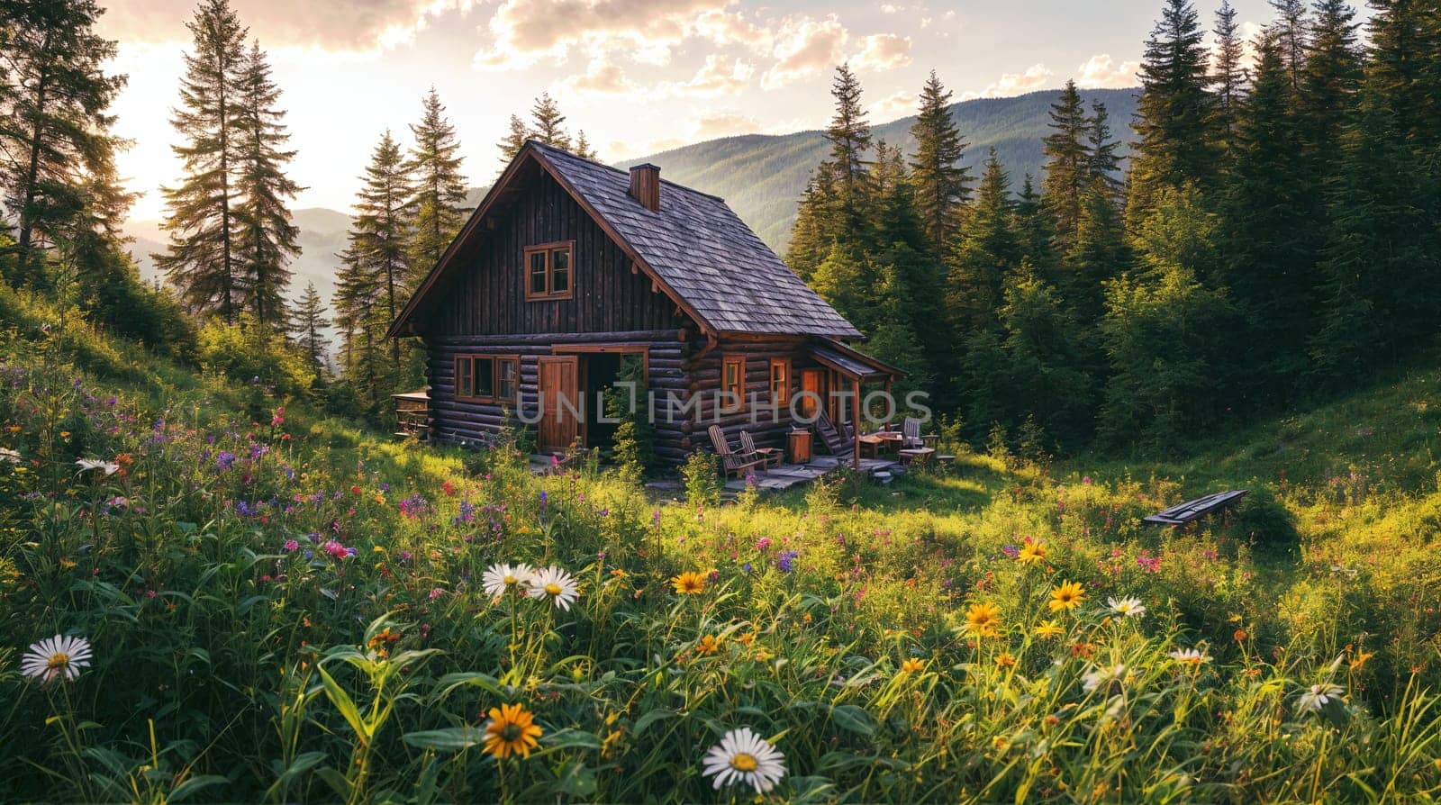 A rustic wooden cabin basks in the warm glow of the setting sun amid a lush forest in the mountains. Surrounded by a blooming meadow of wildflowers - Generative AI
