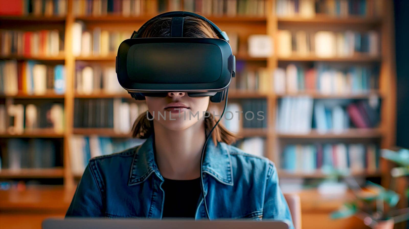 Woman Exploring Virtual Reality in Library Setting by chrisroll