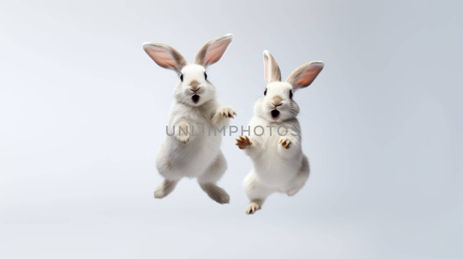 Adorable fluffy rabbits with perky ears hopping on white background by JuliaDorian