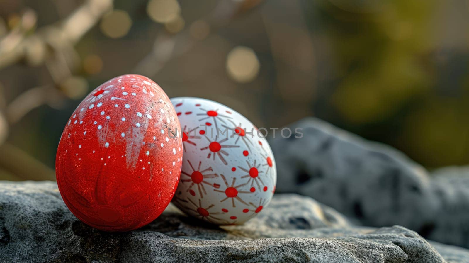 Red and white Easter Eggs on dark Background. Happy Easter eggs by JuliaDorian