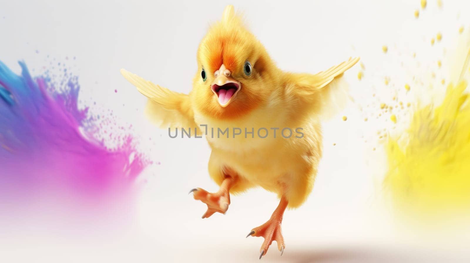 Vibrant chicken flying with colorful rainbow feathers in the sky on bright background by JuliaDorian