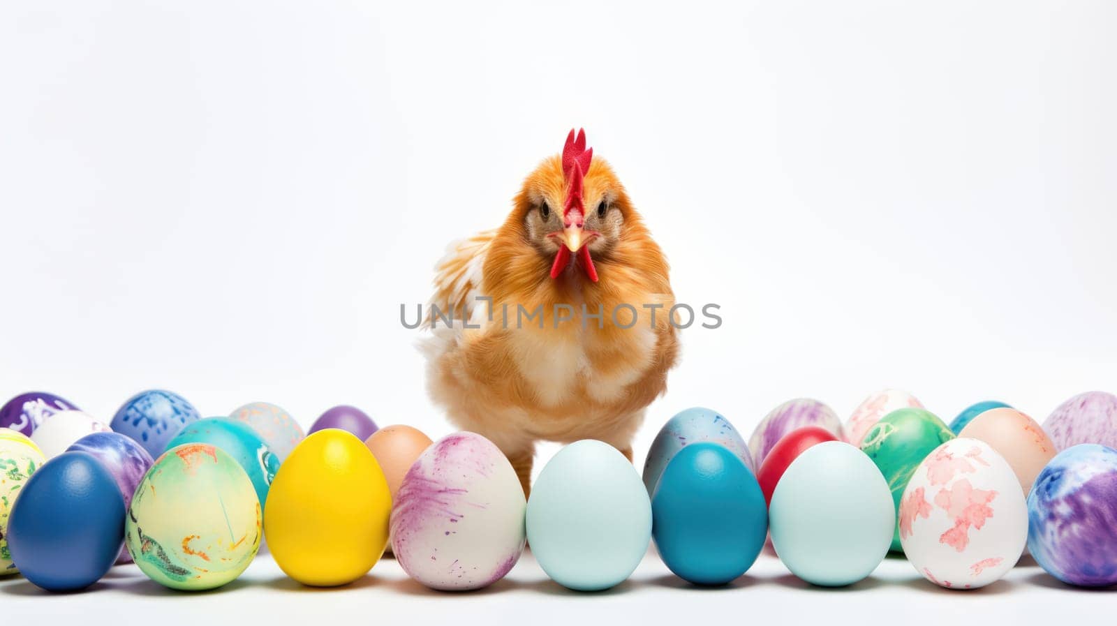 An adorable fluffy yellow baby chick stands in front of a pile of colorful Easter eggs. The chick is looking at the camera with a curious expression. It is isolated on a white background.