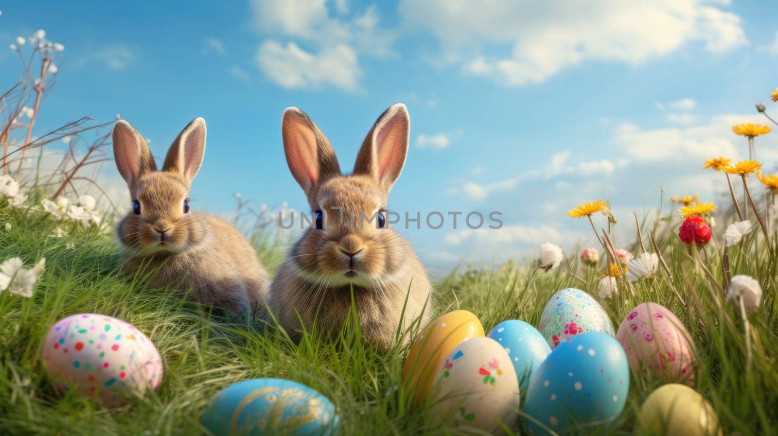 Cute bunnies sitting on the green grass with colorful Easter eggs under clear blue sky on sunny spring day. Easter egg hunt.