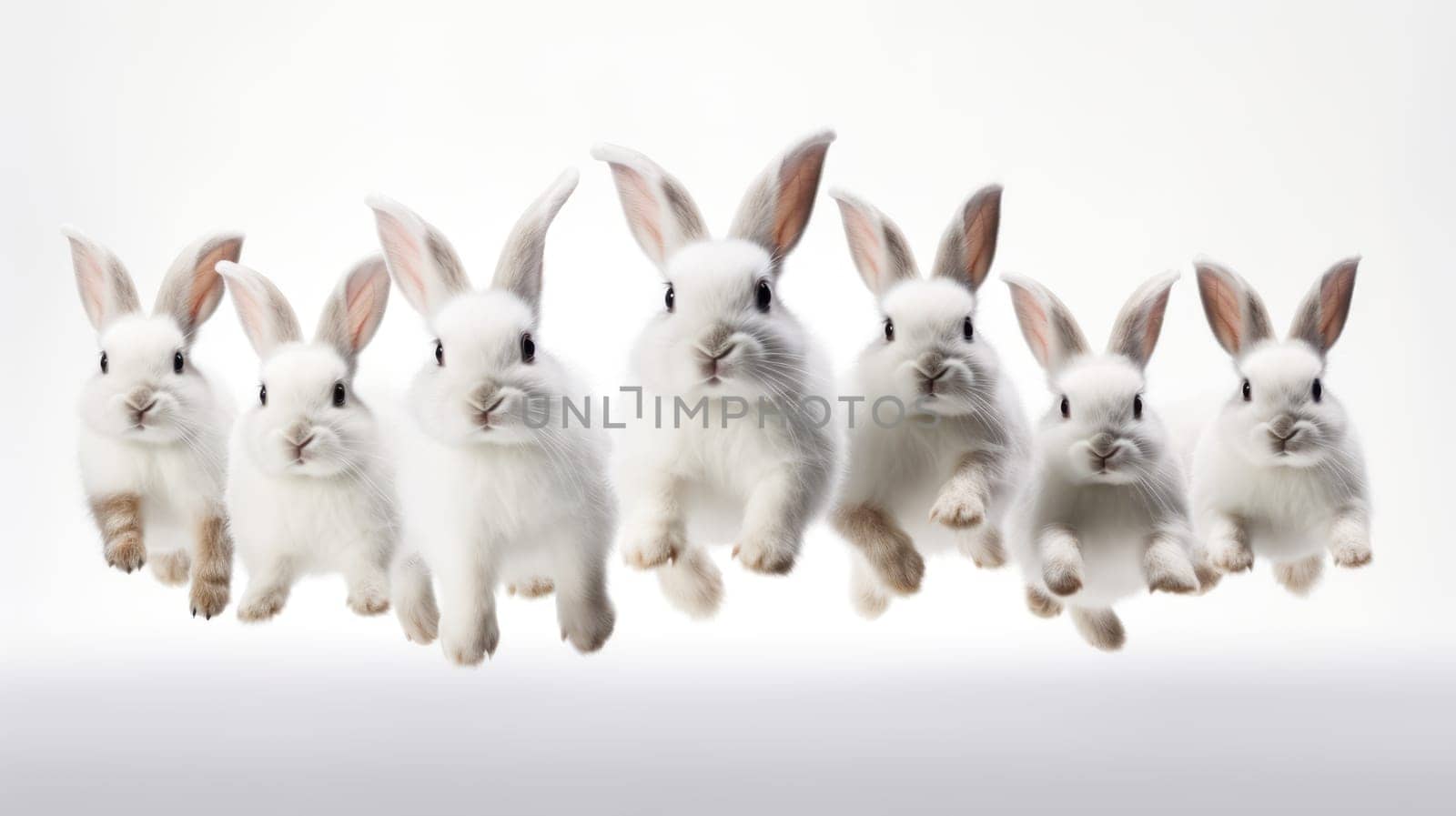 Adorable fluffy rabbits with perky ears hopping on white background.