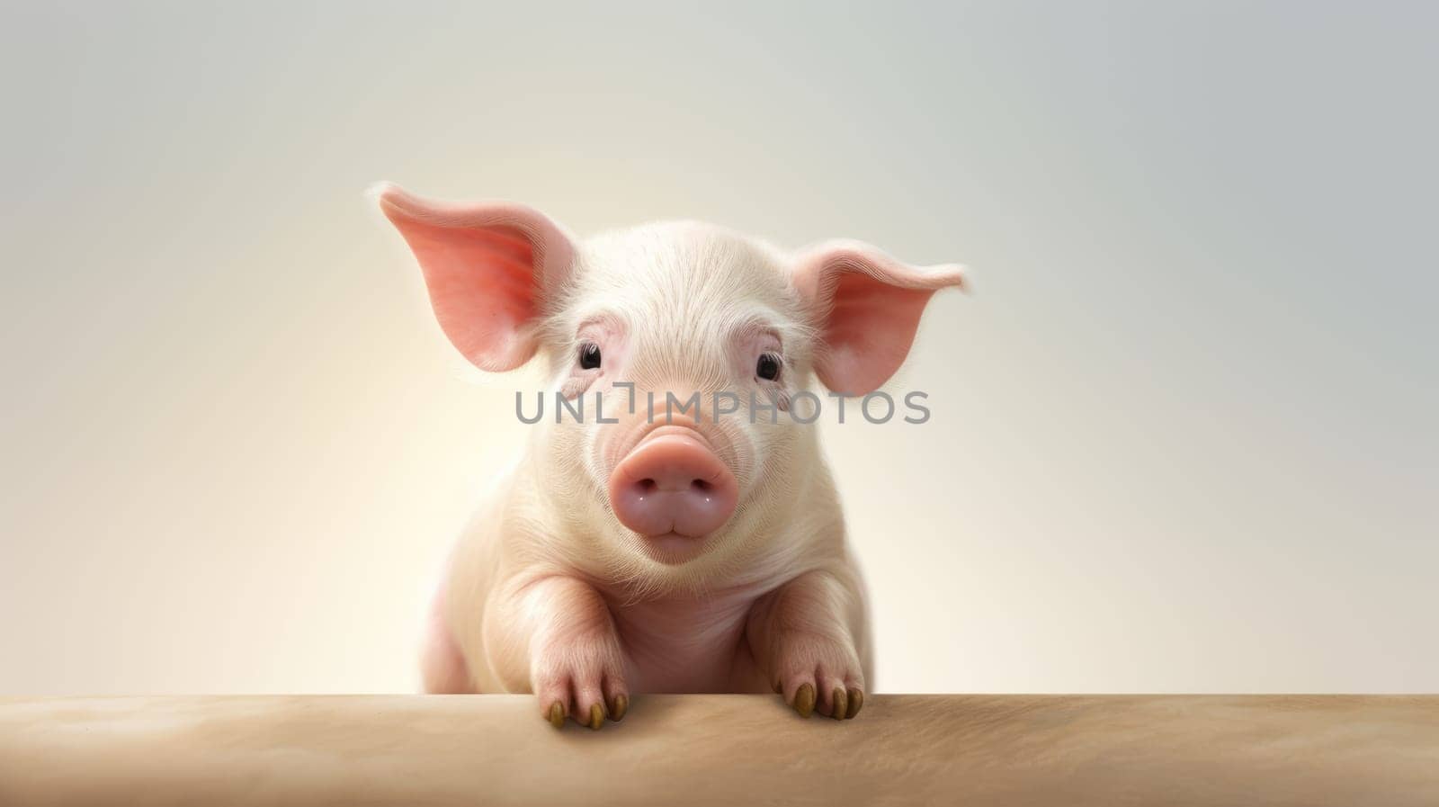 An adorable baby piglet sitting on white clouds with rainbow on blue sky background, showcasing its innocence and charm. by JuliaDorian