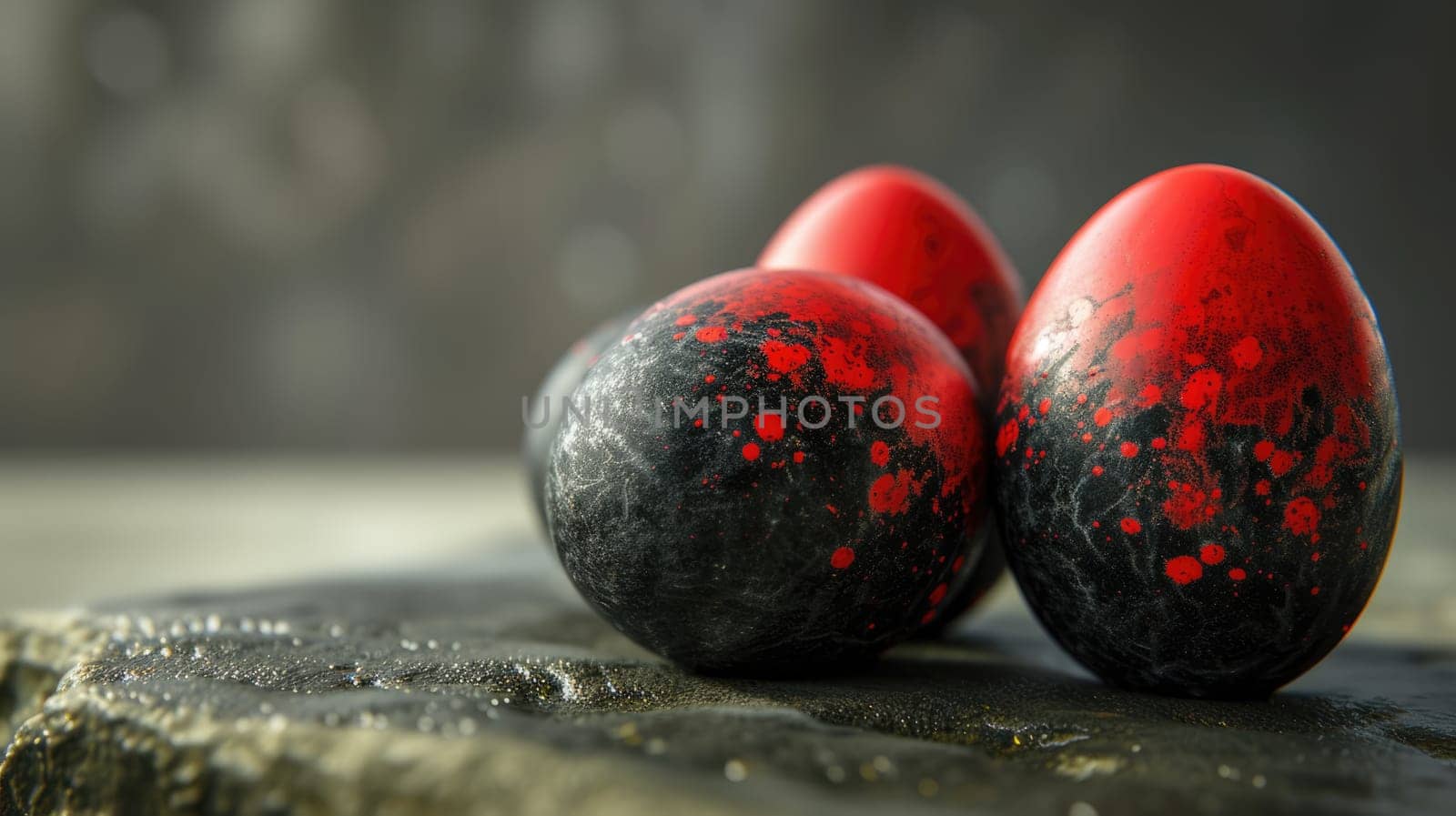 Red and black Easter Eggs on dark Background. Happy Easter eggs.