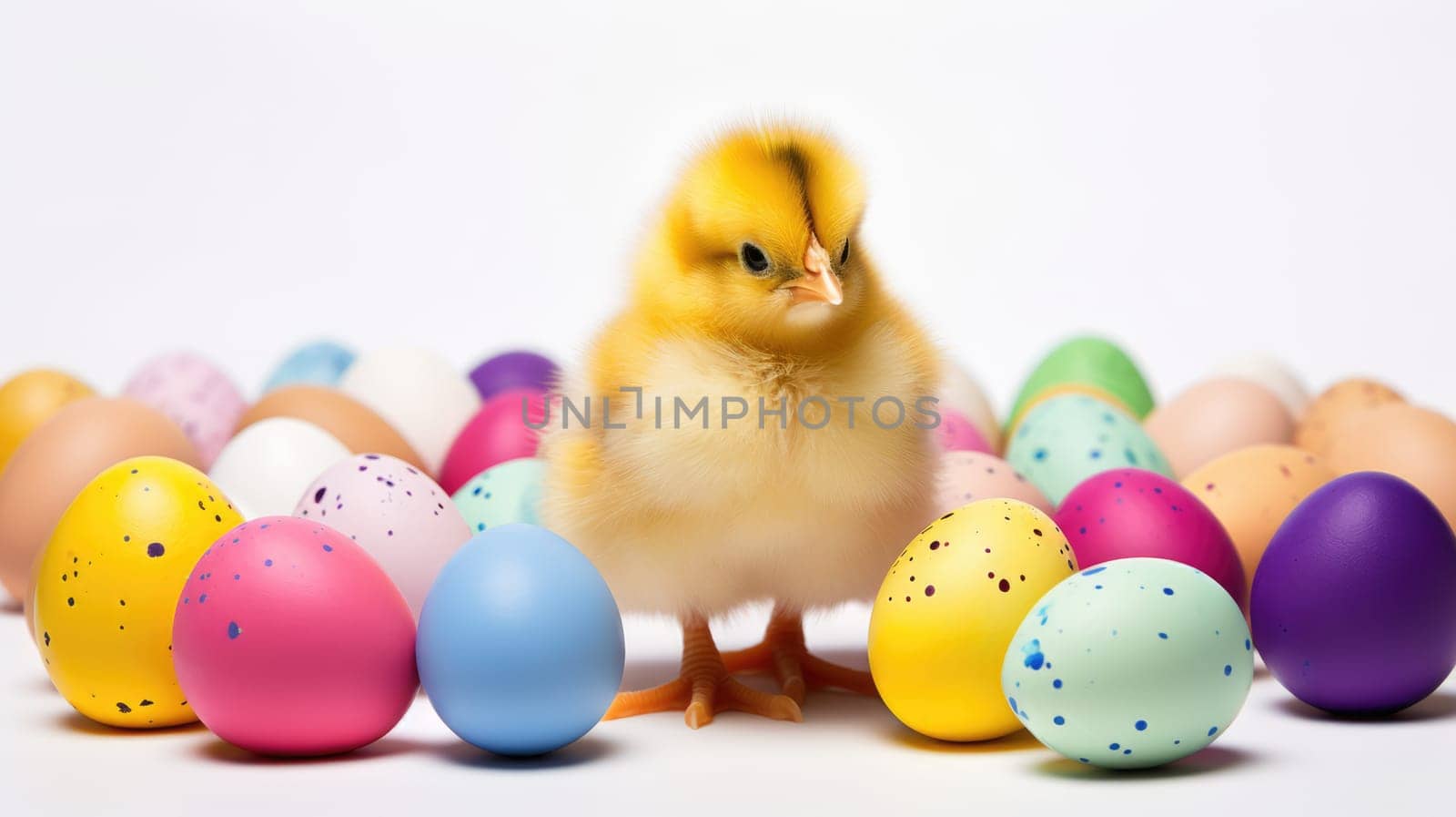 An adorable fluffy yellow baby chick stands in front of a pile of colorful Easter eggs. The chick is looking at the camera with a curious expression. It is isolated on a white background.