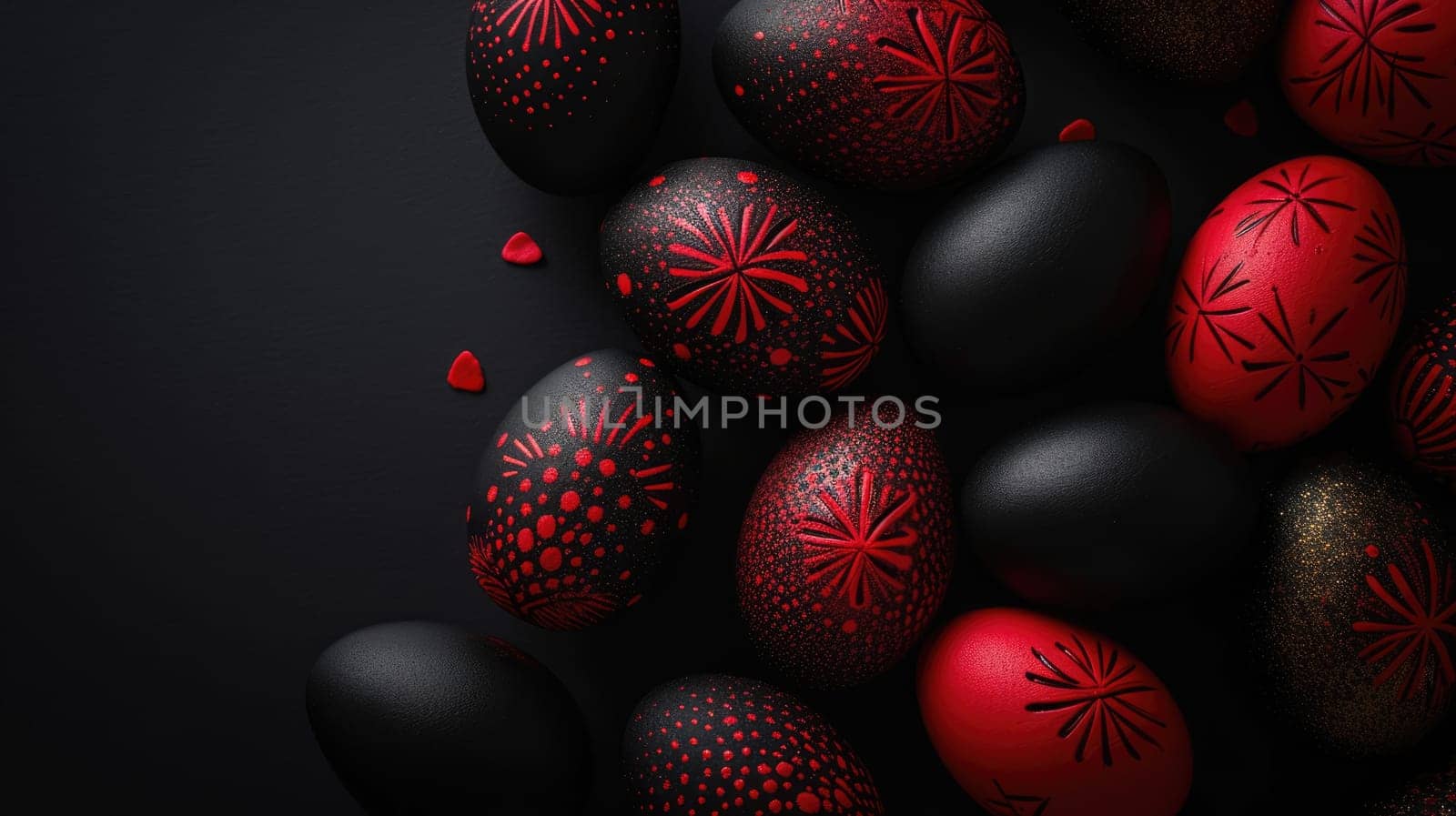 Red and black Easter Eggs on dark Background. Happy Easter eggs by JuliaDorian