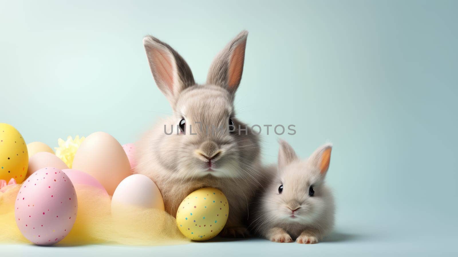 Two cute rabbits with colorful Easter eggs on blue background by JuliaDorian