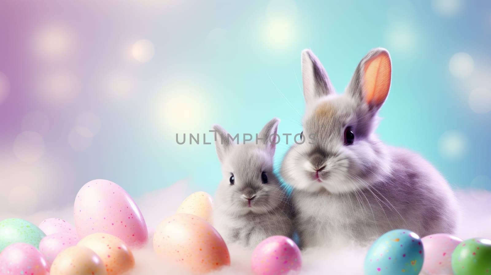 Two cute rabbits with colorful Easter eggs on blue background by JuliaDorian