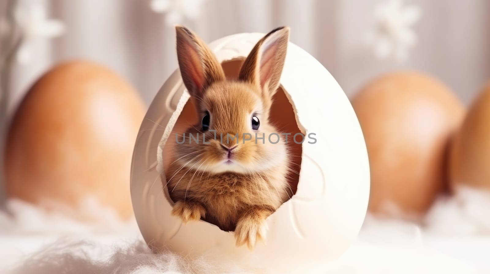 A cute baby rabbit in a broken eggshell, perfect for Easter projects. The rabbits ears are perked up and eyes wide open, looking out of the shell on a white background.