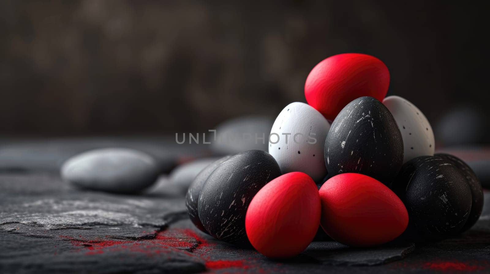 Red and black Easter Eggs on dark Background. Happy Easter eggs.