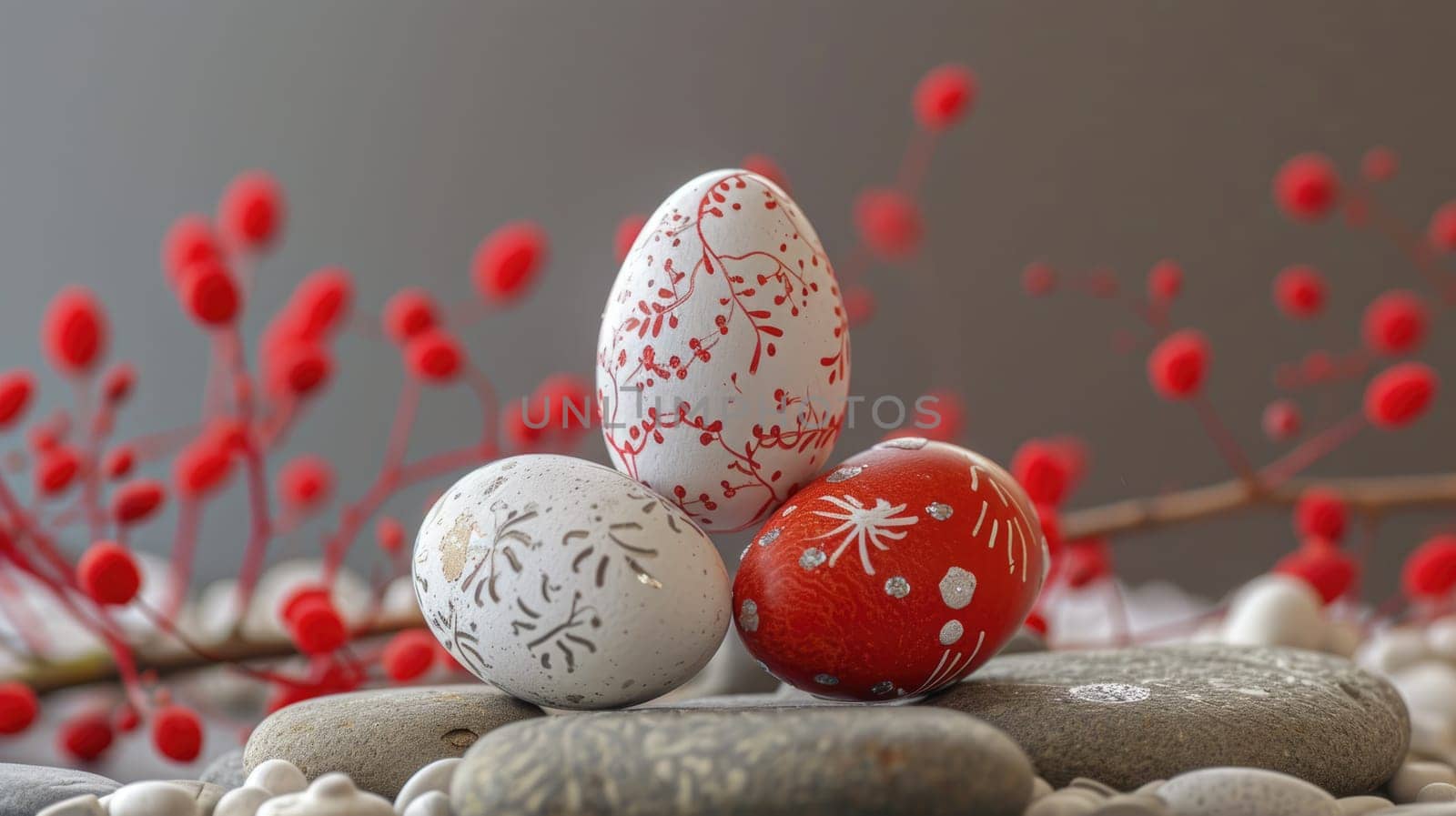 Red and white Easter Eggs on dark Background. Happy Easter eggs.