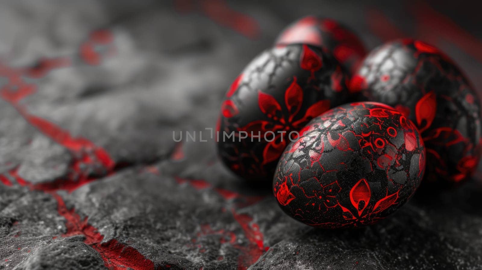 Red and black Easter Eggs on dark Background. Happy Easter eggs.