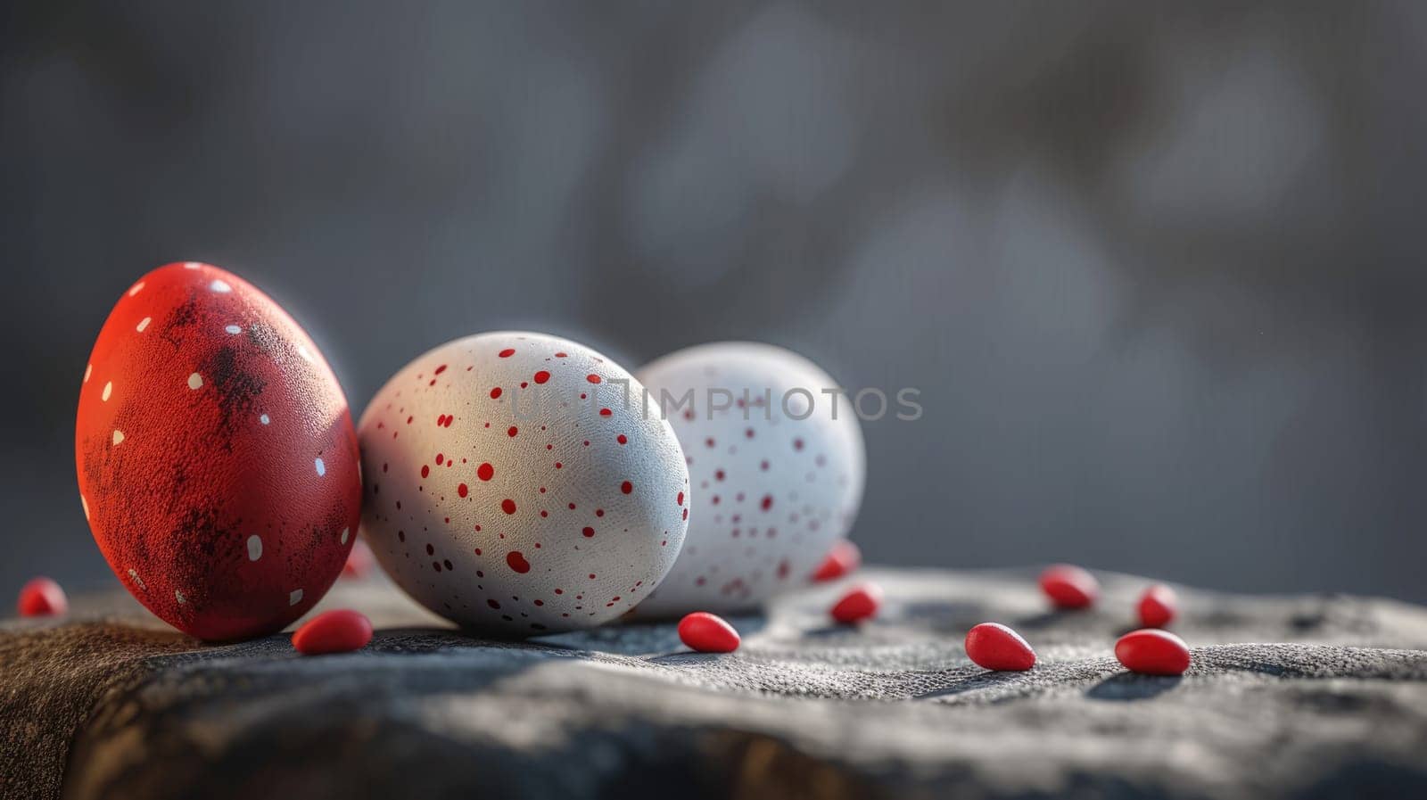 Red and white Easter Eggs on dark Background. Happy Easter eggs.