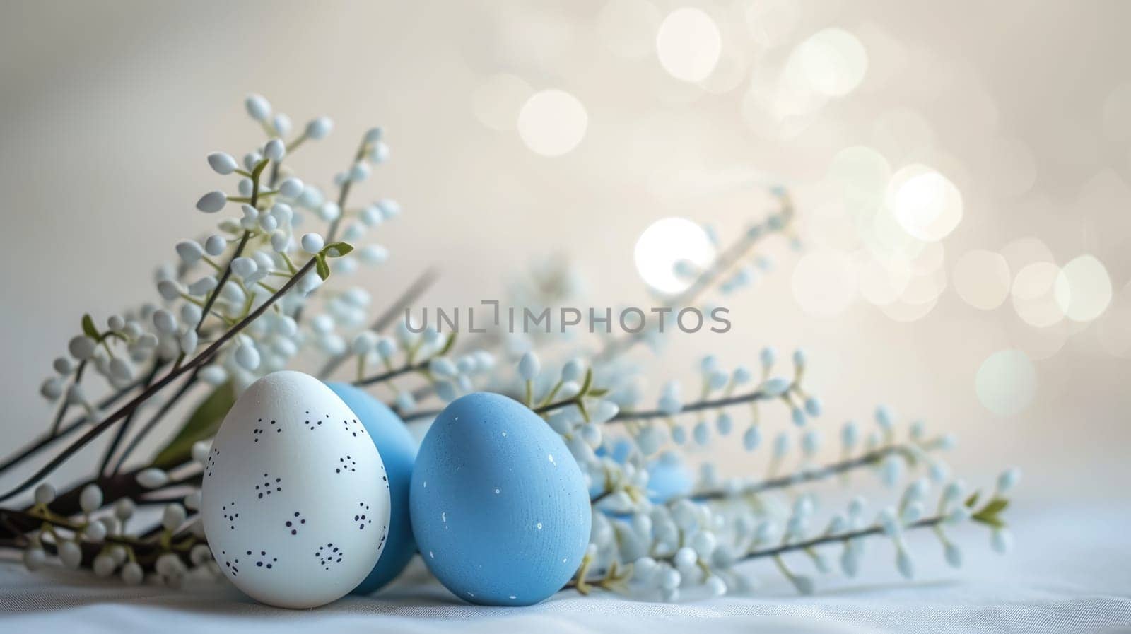Two blue Easter eggs with white polka dots on light blue background with white babys breath flowers on the left side of the image. Perfect for Easter, spring, or holiday projects.
