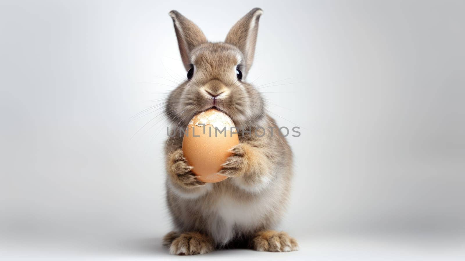 Studio shot of a cute bunny with Easter eggs on a white background by JuliaDorian