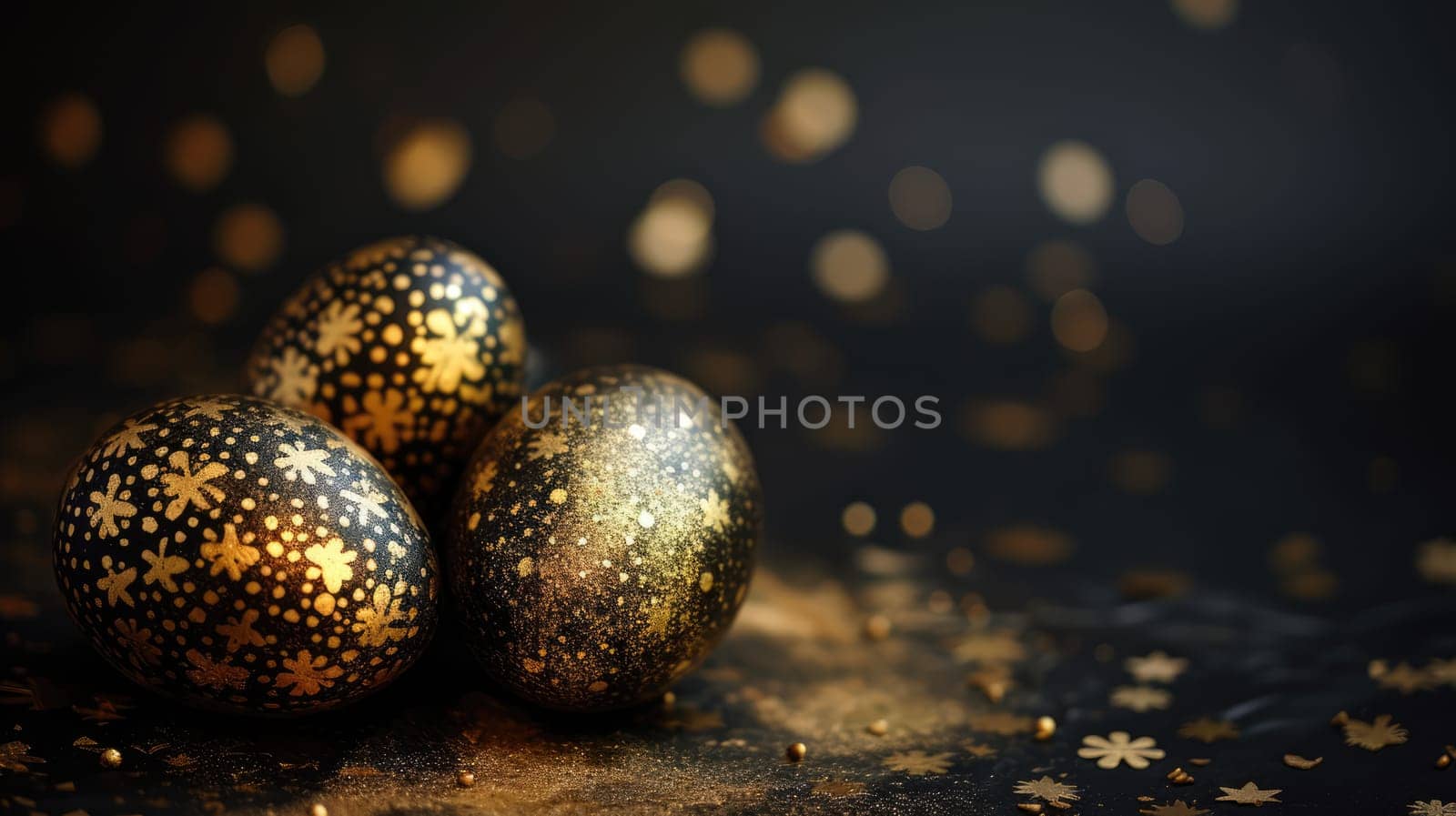 Gold metallic and black Easter Eggs on dark Background. Happy Easter eggs.