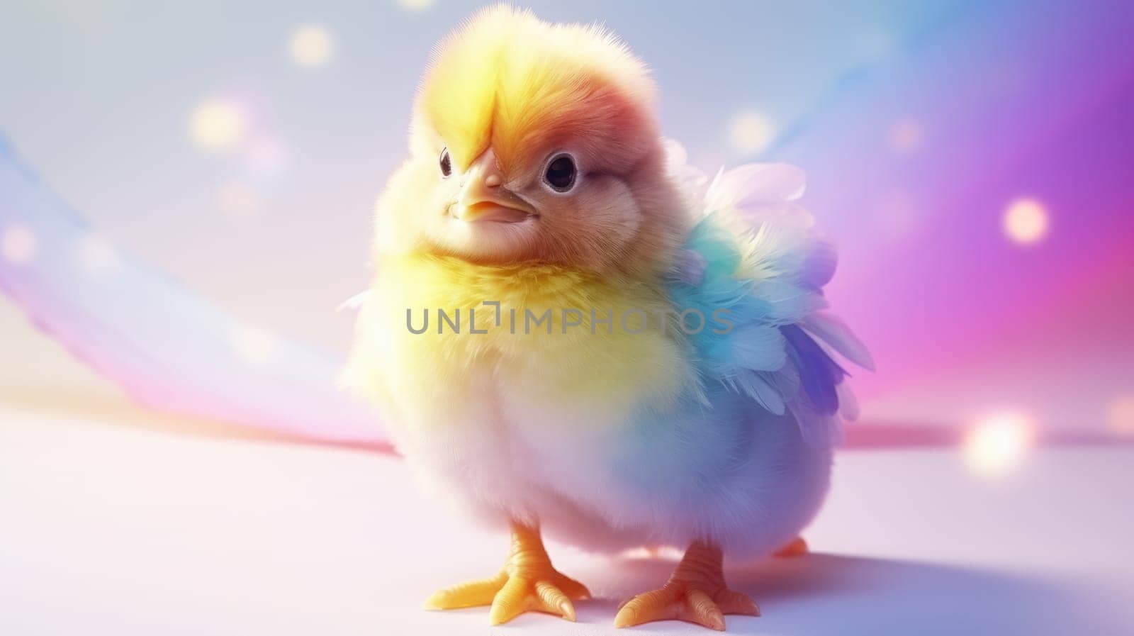 A vibrant chicken with rainbow feathers stands on a pastel rainbow backdrop. Its multicolored feathers contrast beautifully with the soft gradient background, creating a whimsical and cheerful scene.