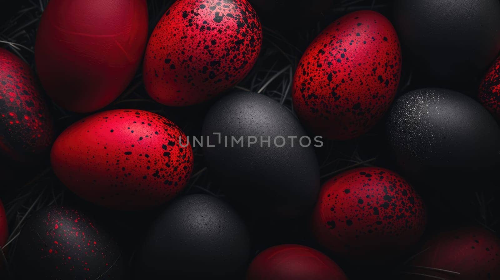 Red and black Easter Eggs on dark Background. Happy Easter eggs by JuliaDorian