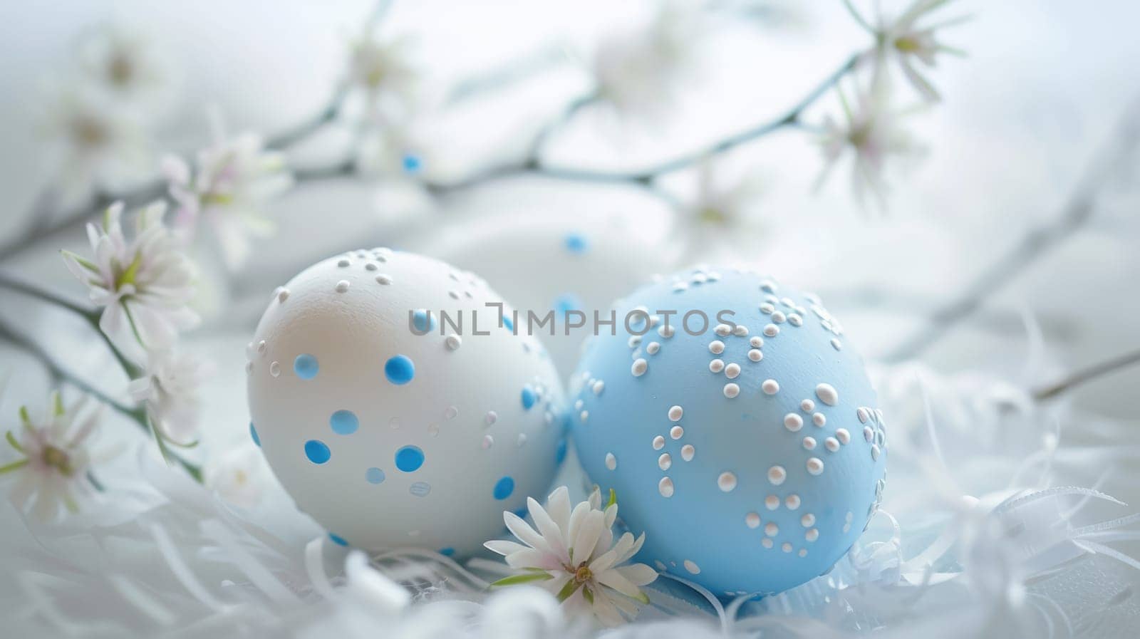 Two Blue Easter Eggs with White Polka Dots on Light Blue Background by JuliaDorian