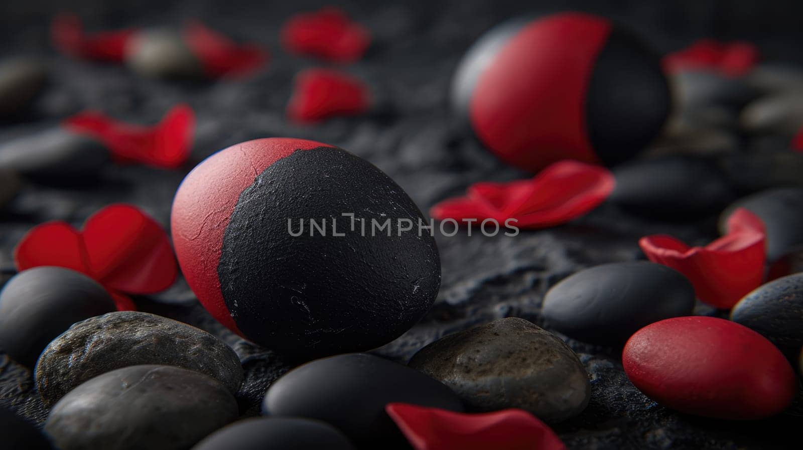 Red and black Easter Eggs on dark Background. Happy Easter eggs by JuliaDorian