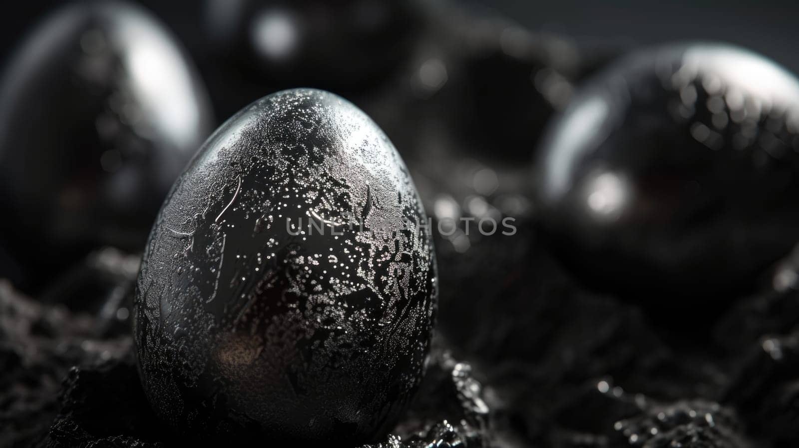 Silver metallic and black Easter Eggs on dark Background. Happy Easter eggs.