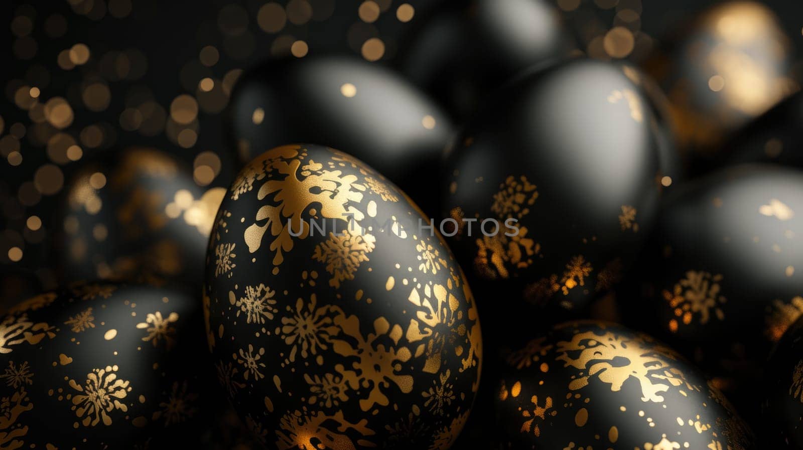 Gold metallic and black Easter Eggs on dark Background. Happy Easter eggs.