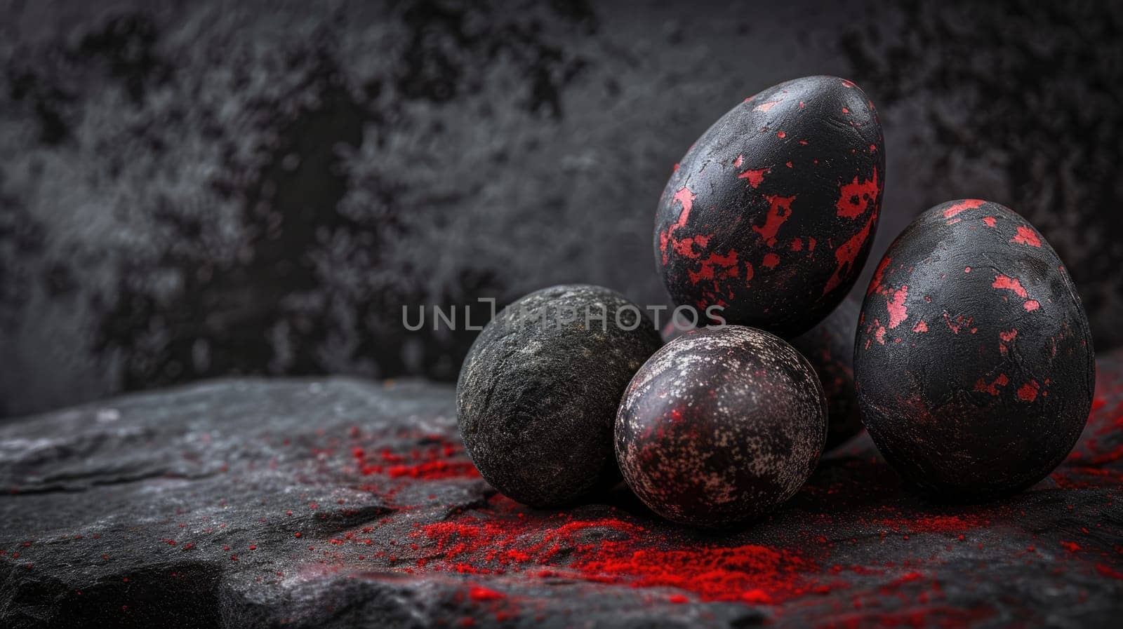 Red and black Easter Eggs on dark Background. Happy Easter eggs by JuliaDorian