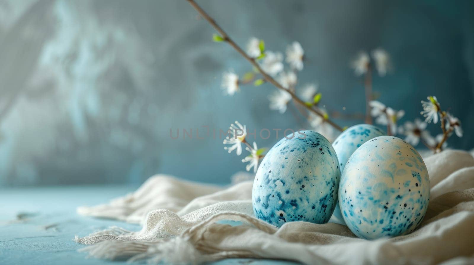 Blue Easter Eggs with White Polka Dots on Light Blue Background. Easter eggs.