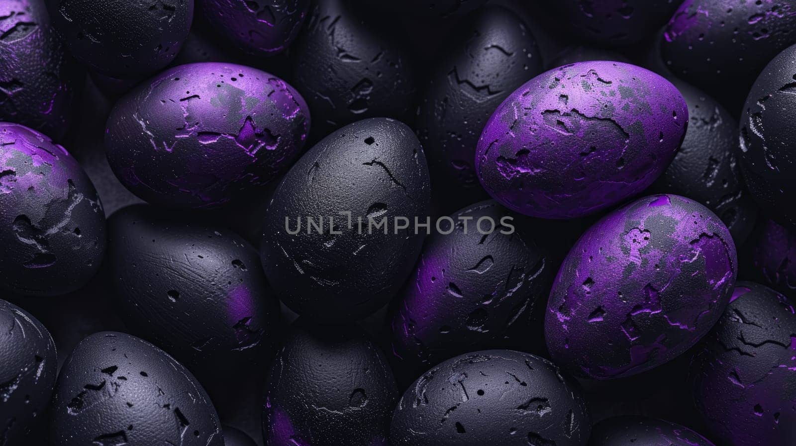 Purple and black Easter Eggs on dark Background. Happy Easter eggs.