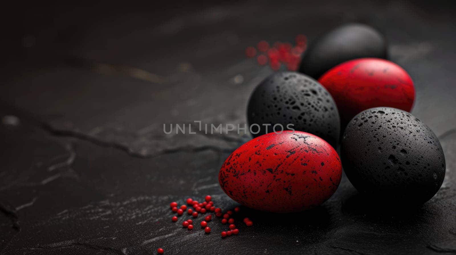 Red and black Easter Eggs on dark Background. Happy Easter eggs.