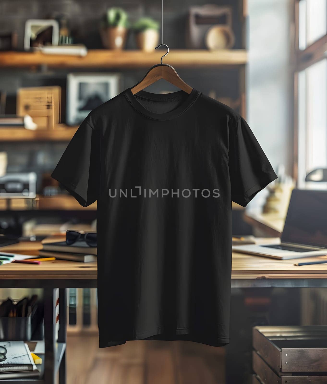 A stylish black tshirt with short sleeves is displayed on a wooden clothes hanger in a room. The fashion design and metal detail make it perfect for a formal wear event