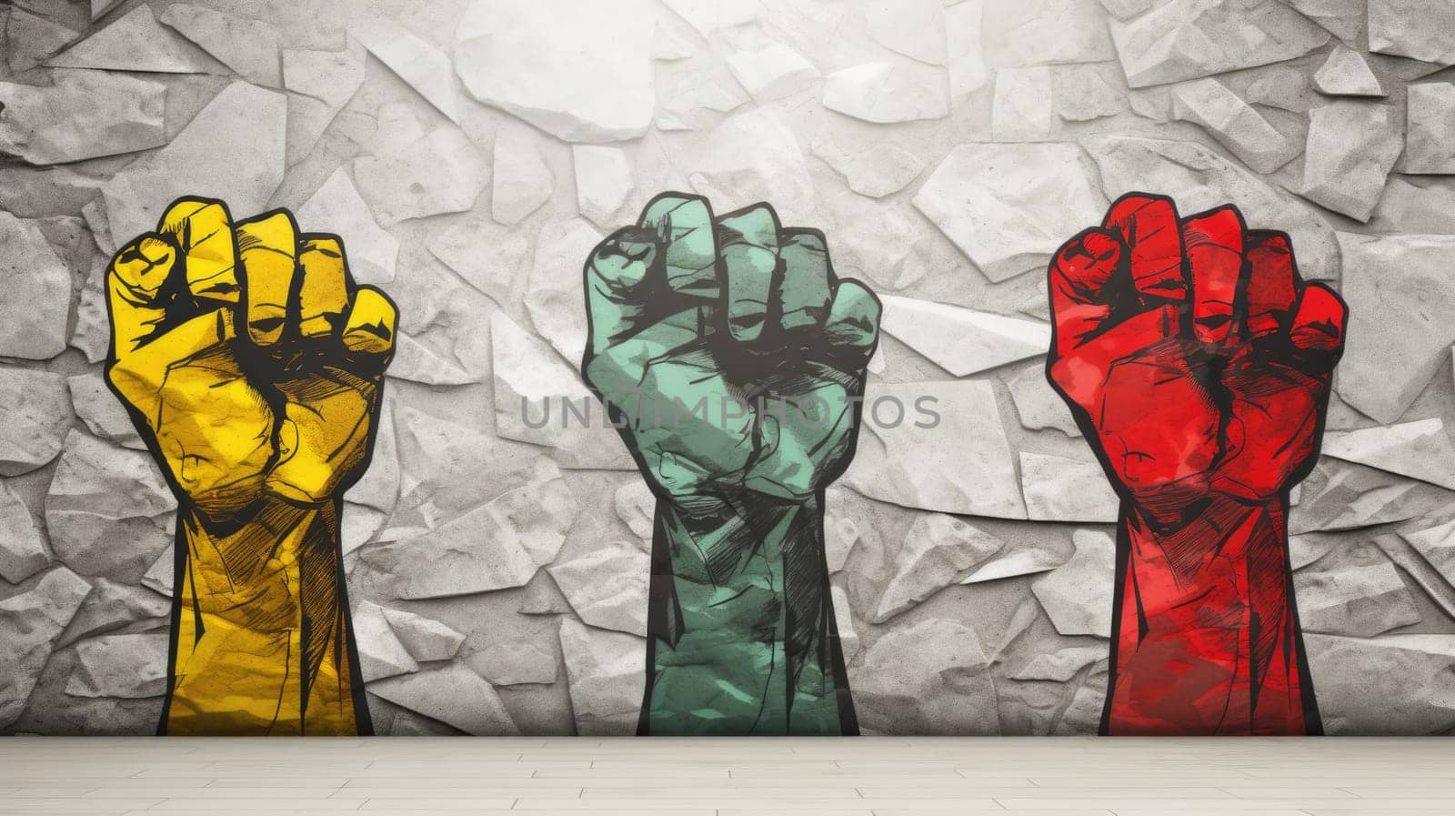 Three raised fists drawing on stone wall in the colors yellow, green, and red. Juneteenth Freedom and African liberation day. Black life matters. Black history month. by JuliaDorian