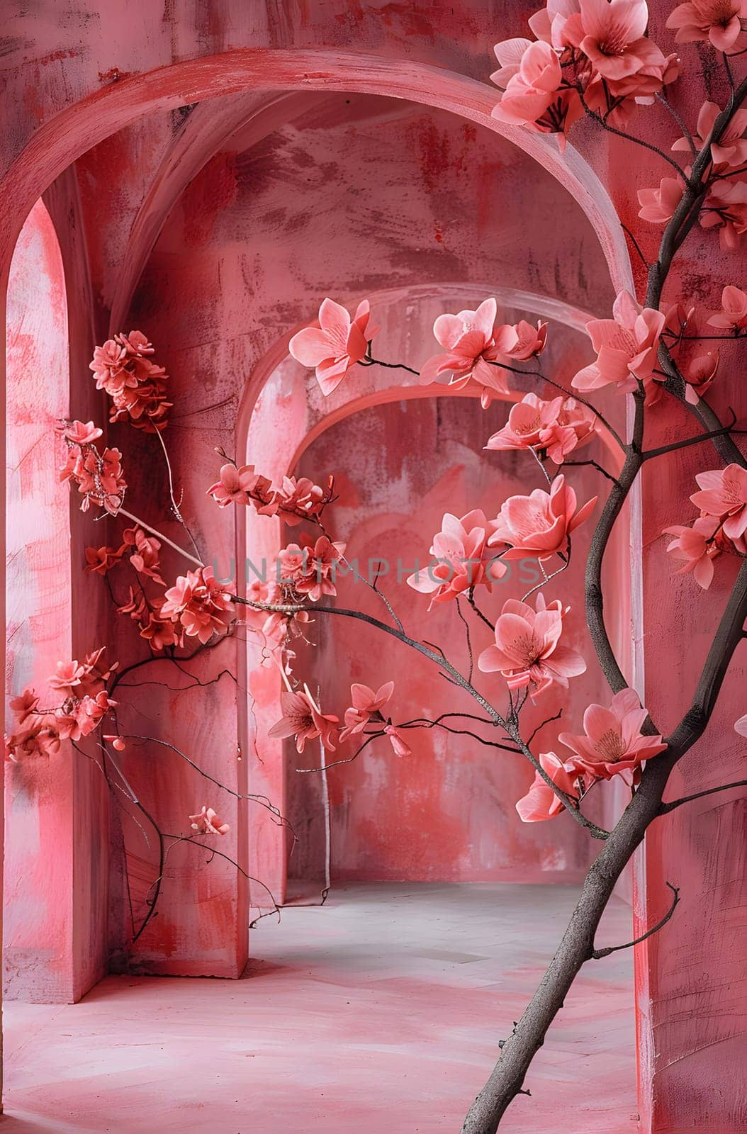 A pink room with floral arches and branches in bloom by Nadtochiy