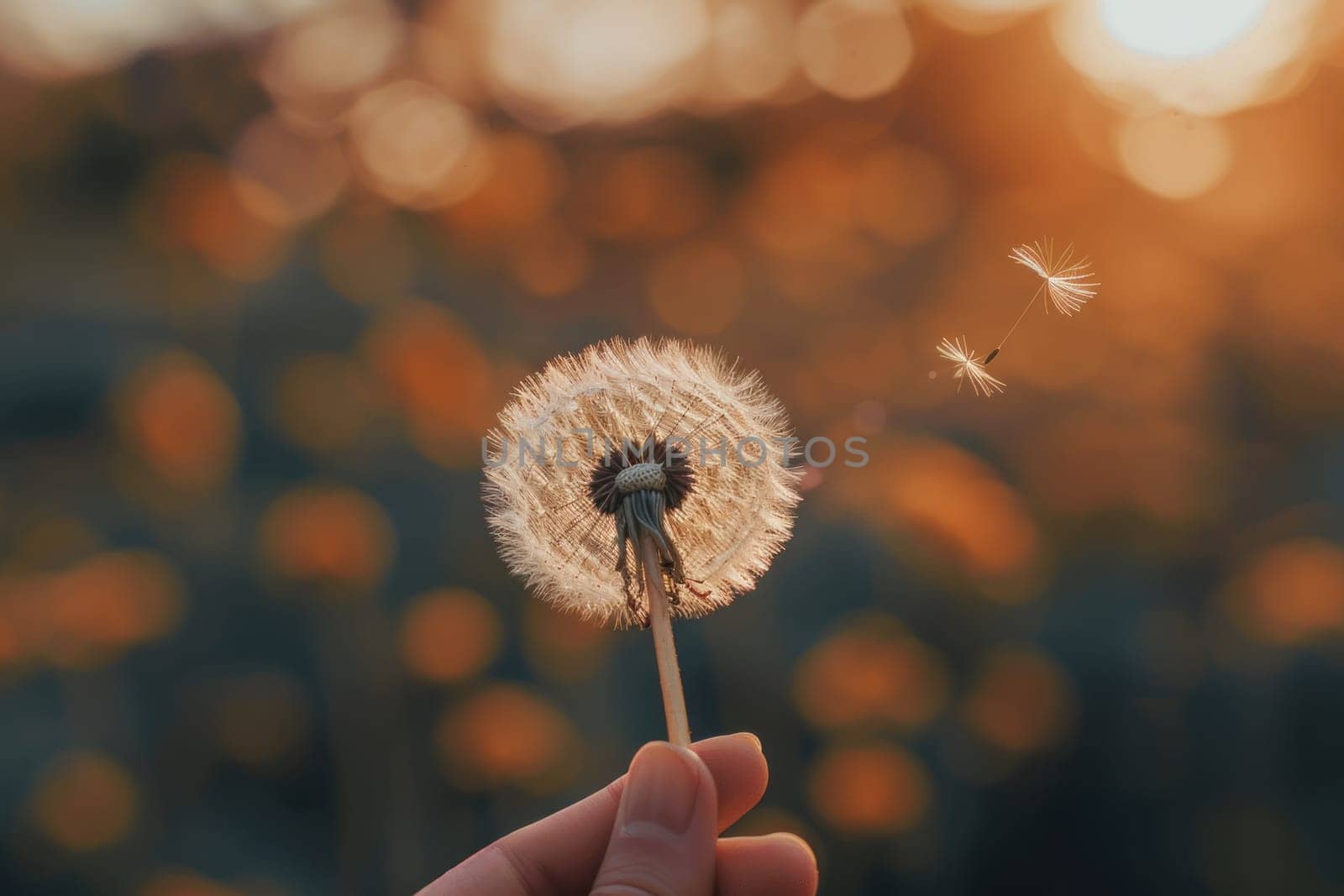 A hand holding a dandelion in a dark blue background.