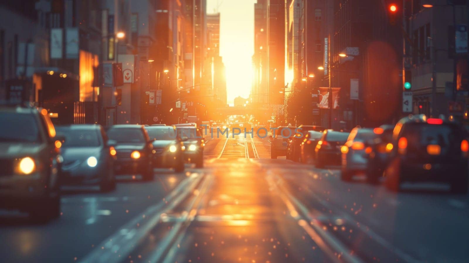 A busy city street with cars and a bright orange sun in the background.