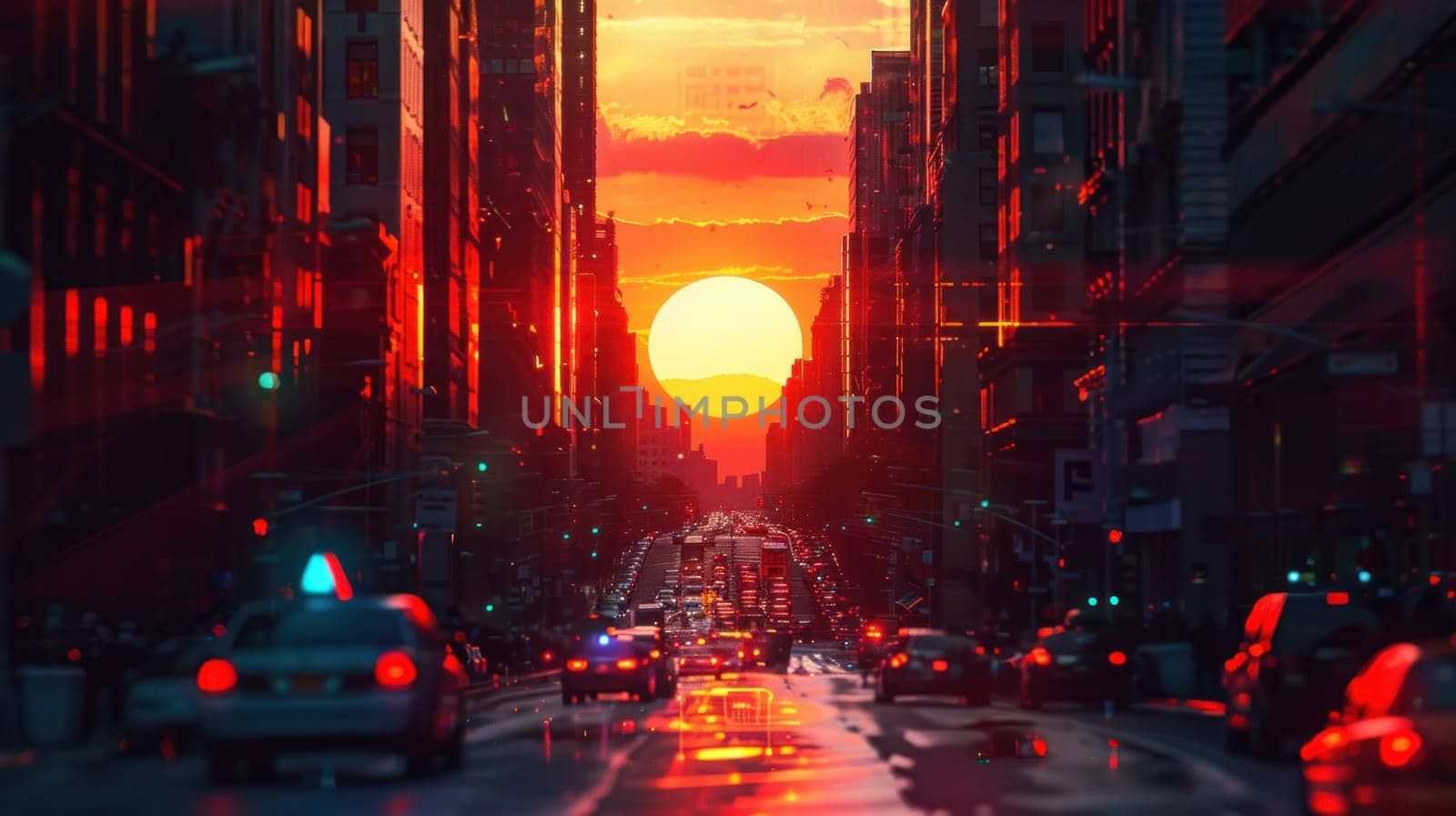 A city street with cars and a large sun in the sky.