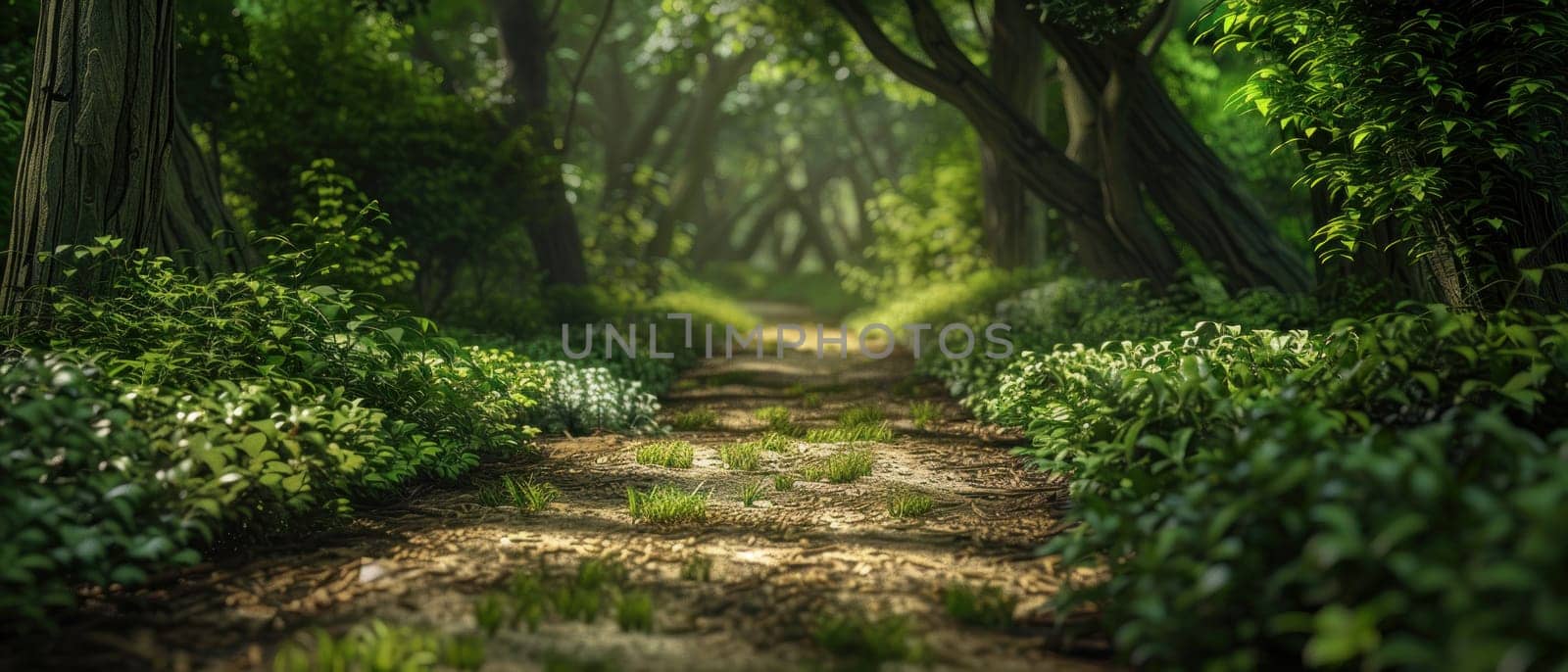 A forest path with a stone walkway.